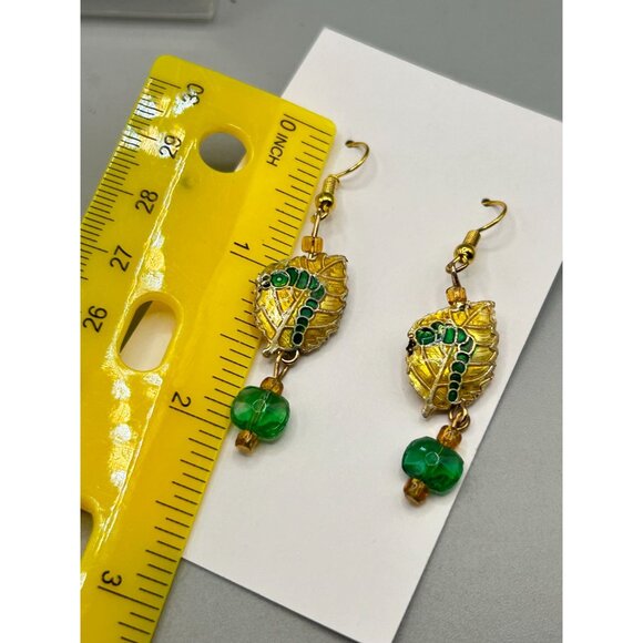 Vintage Enamel Caterpillar on Golden Leaf Dangle Earrings with Bead Accents - Picture 7 of 7